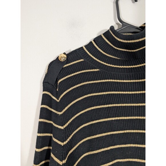 LAUREN Ralph Lauren Womens Black Gold Striped Knit Turtleneck Sz L Mature Preppy - Picture 4 of 7